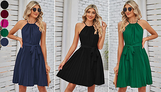 Waist-Tie Halter Neck Pleated Dress - 5 Colours & 5 Sizes