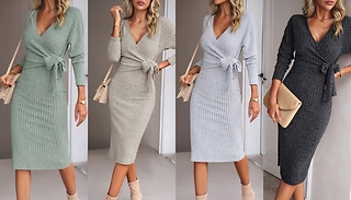 Tie Detail Knitted Long-Sleeved Wrap Dress - 4 Colours & Sizes