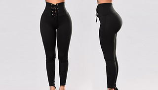 Lace-Up Waist Black Fashion Leggings - 4 Sizes