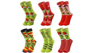 1, 3 or 6 Pairs of Grinch Inspired Crew Socks - 6 Styles
