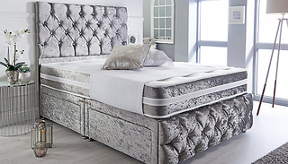 Silver Crushed Velvet Chesterfield Divan Bed With Mattress & Headboard ...