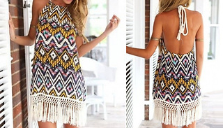 Fringed Hem Backless Bohemian Halter Dress - 4 Sizes