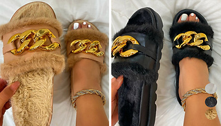 PU Leather Chain Detail Faux Fur Lined Sliders - 3 Colours & 5 Sizes