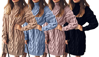 High Neck Cable Knit Sweater Dress - 5 Sizes & 4 Colours