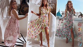V-Neck Flower Print Sleeveless Maxi Dress - 5 Colours & 4 Sizes