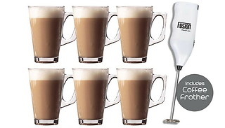 6-Pack of Latte Coffee Glasses with Milk Frother