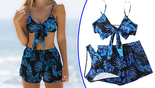 3-Piece Blue Tropical Bikini Swimsuit - 3 Sizes