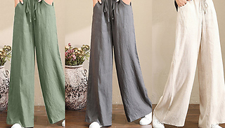Drawstring High-Waist Cotton Linen Trousers - 4 Sizes & 8 Colours