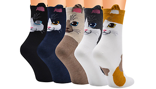 1 or 5 Pairs of Women's Cartoon Cat Faces Socks - 5 Styles
