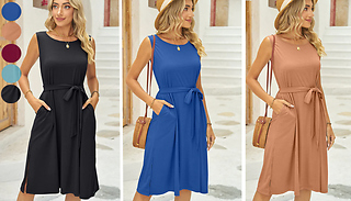 Women's Sleeveless Belt Slit Dress - 5 Colours & 5 Sizes