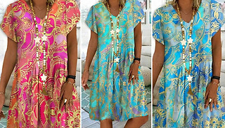 Printed V-Neck Boho Dress - 3 Colours & 5 Sizes