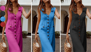 Midi V-Neck Loose Fit Summer Dress - 5 Colours & 8 Sizes 