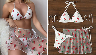 Cherry Print Bikini Set with Sheer Skirt - 3 Sizes