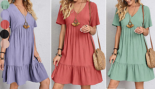 High Waisted Sleeved V-Neck Sun Dress - 5 Colours & 5 Sizes