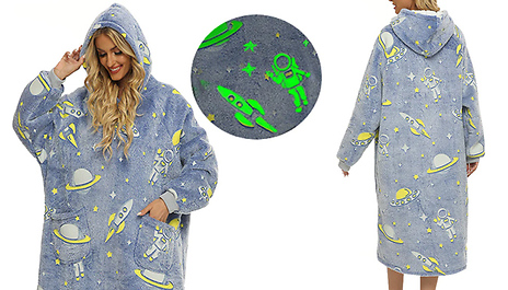 Long Glow-In-The-Dark Space Print Hoodie Fleece Blanket